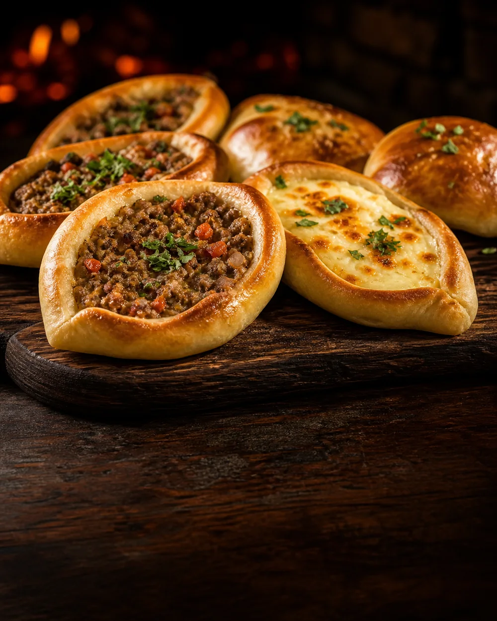 Variedade de esfihas de carne e queijo recém-assadas